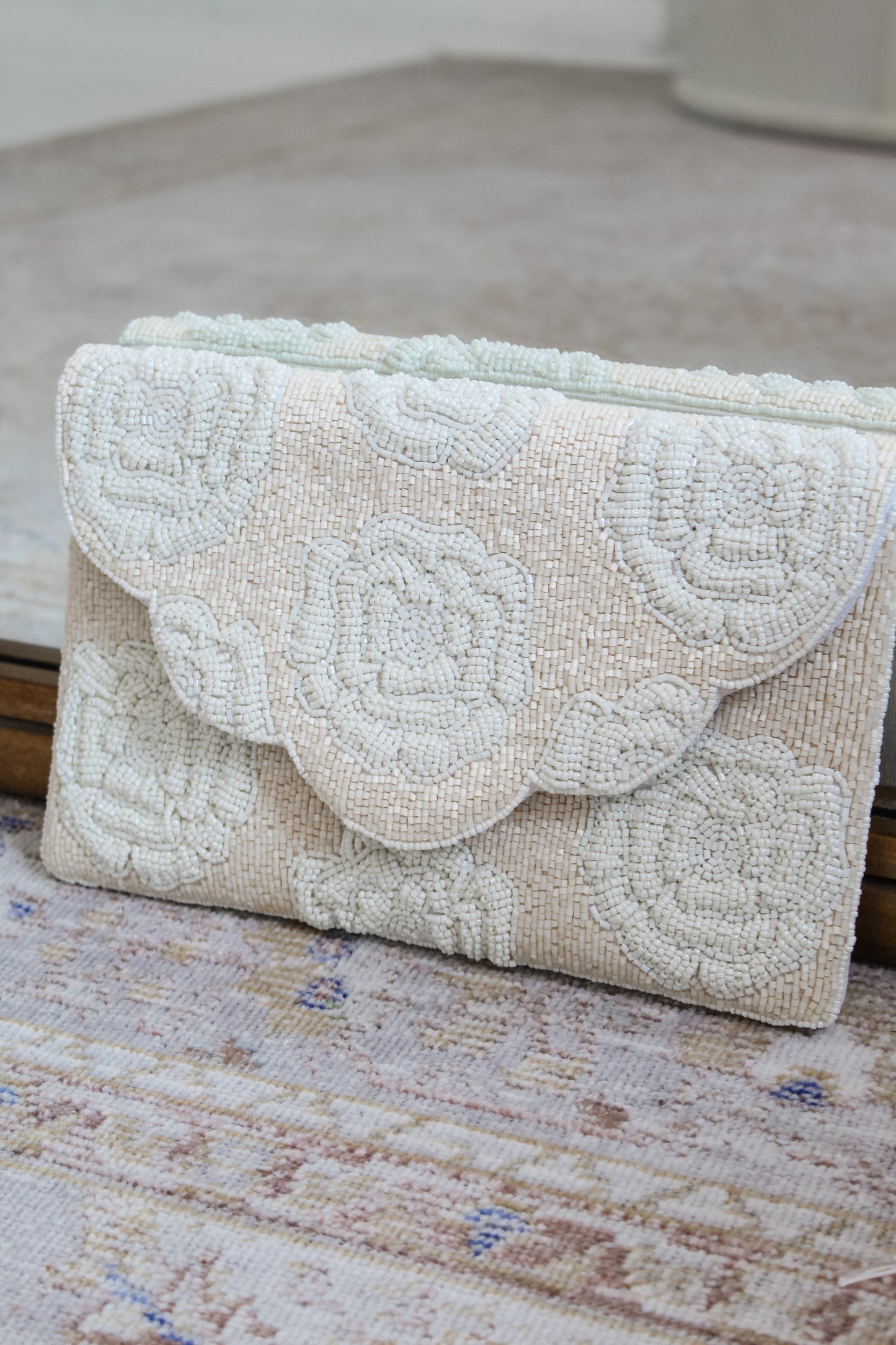 Cream Beaded Rose Clutch