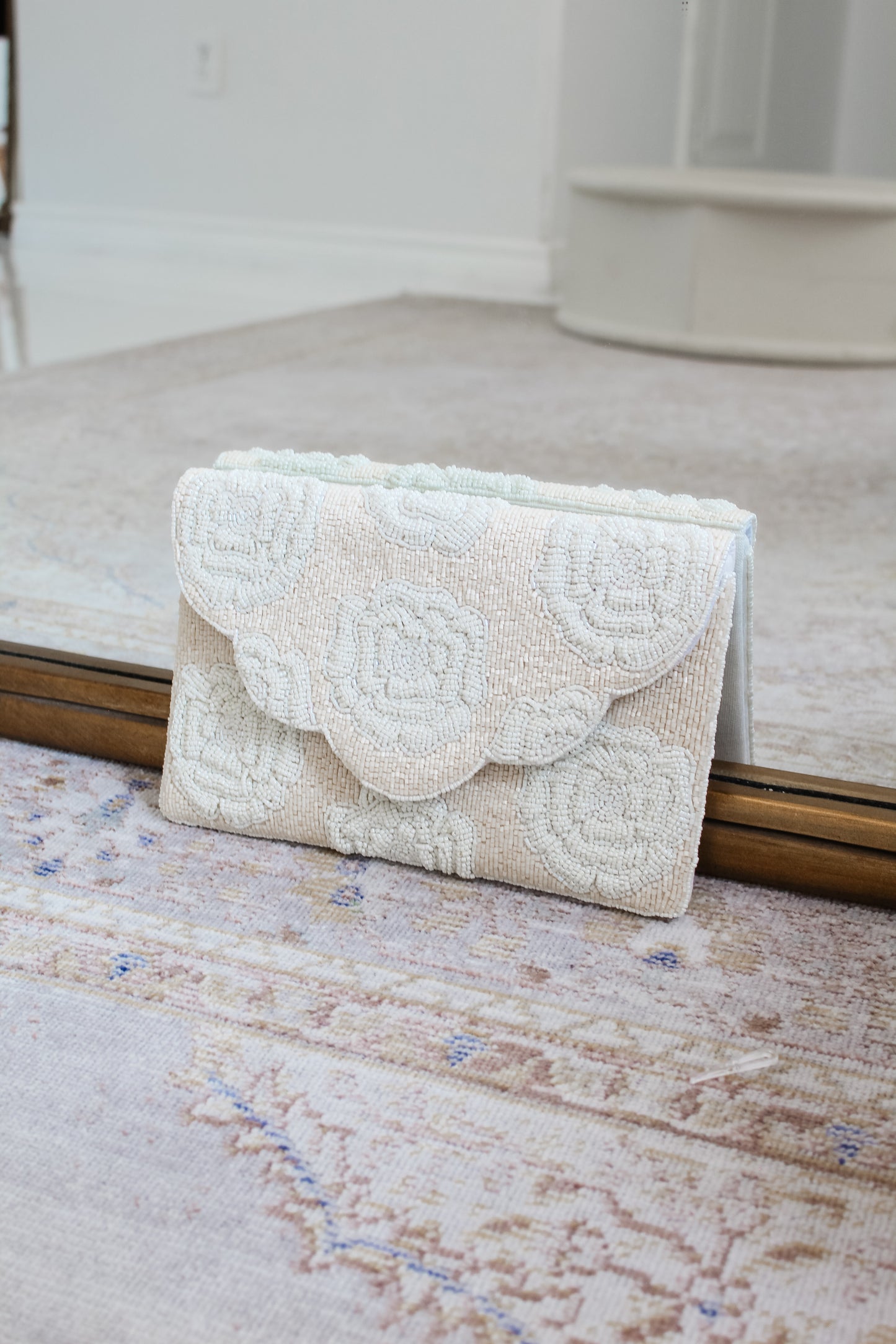 Cream Beaded Rose Clutch